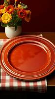 charmig retro tabell arrangemang med en vit tallrik, gaffel, och röd rutig bordsduk vertikal mobil tapet ai genererad foto