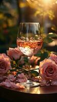 närbild av reste sig vin elegant häller in i en glas mitt i en trädgård miljö vertikal mobil tapet ai genererad foto