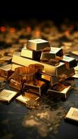 gyllene valuta, värld finansiera, och 3d guld barer symbolisera global investering vertikal mobil tapet ai genererad foto