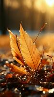 gyllene höst löv på gräs, badade i de mjuk morgon- solljus vertikal mobil tapet ai genererad foto