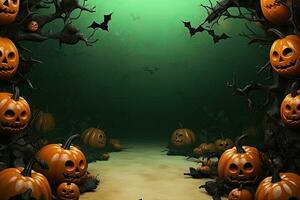 halloween bakgrund med pumpor och fladdermöss - 3d framställa illustration. ai genererad. foto
