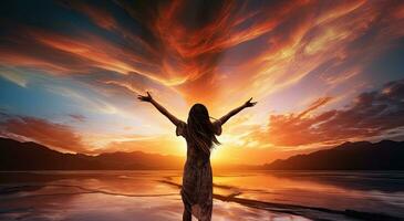kvinna med händer upp i de luft på de bakgrund av en skön solnedgång. ai genererad. foto