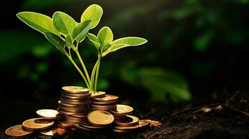 investering begrepp, mynt stack med grön växt växande från lugg av mynt. ai genererad. foto