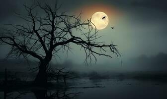 full måne över död- träd i dimmig skog. halloween begrepp. ai genererad. foto