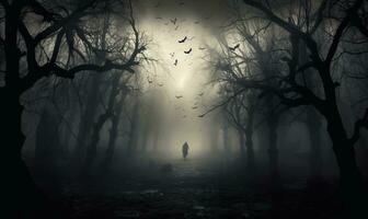 mystisk mörk skog med dimma och silhuett av en man. ai genererad. foto