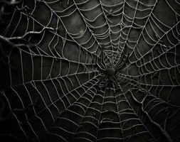 Spindel webb på mörk bakgrund, svart och vit Färg tona. ai genererad. foto