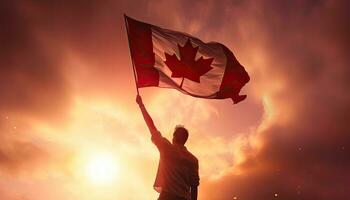 Lycklig man innehav kanadensisk flagga på solnedgång himmel bakgrund. 3d tolkning. ai genererad. foto