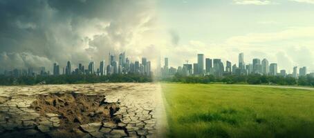 torka och knäckt jord med stadsbild panorama. global uppvärmningen begrepp. ai genererad. foto