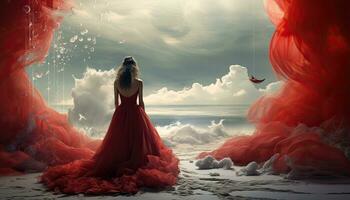 skön kvinna i röd klänning med flygande fågel i de himmel. ai genererad. foto
