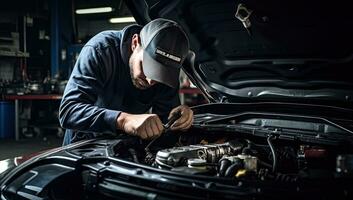 professionell mekaniker reparation bil i bil reparera affär. bil service och reparera begrepp. ai genererad. foto