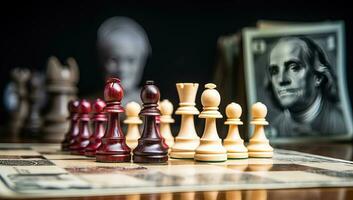 trä- schack bitar på de schackbräde. de begrepp av företag, strategi och planera. ai genererad. foto