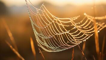 Spindel webb med dagg droppar på soluppgång. skön naturlig bakgrund. ai genererad. foto
