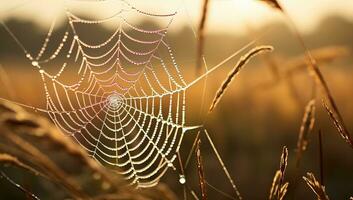 Spindel webb med dagg droppar på soluppgång. skön natur bakgrund. ai genererad. foto