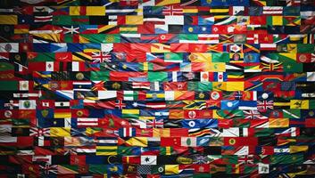 färgrik nationell flaggor av de värld på skrynkliga papper bakgrund. ai genererad. foto