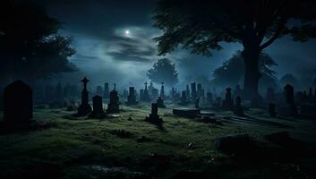 gravstenar i de gammal kyrkogård på natt. halloween begrepp. ai genererad. foto
