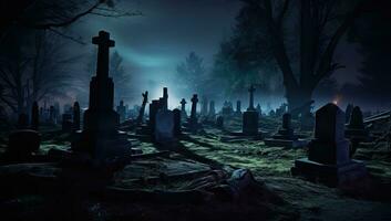 gravstenar i de kyrkogård på natt. halloween begrepp. ai genererad. foto