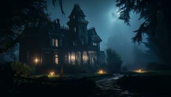 halloween natt scen med besatt hus och månsken. ai genererad. foto