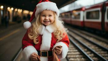 liten flicka i santa claus kostym leende på kamera på tåg station. ai genererad. foto