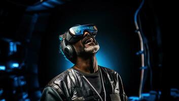 porträtt av ett afrikan-amerikan man bär virtuell verklighet glasögon. ai genererad. foto