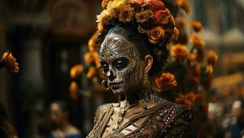 kvinna med skalle göra upp. karneval av de dag av de död. ai genererad. foto