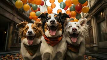porträtt av tre herde hundar med färgrik ballonger. ai genererad. foto