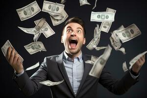 porträtt av en Lycklig ung man i en kostym kasta pengar i de luft. ai genererad. foto