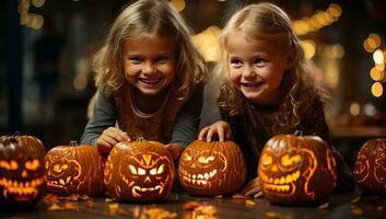 Lycklig halloween. söt liten flickor med ristade pumpor på mörk bakgrund. ai genererad. foto