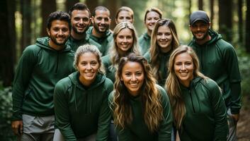 grupp av vänner leende och ser på de kamera i de skog. ai genererad. foto