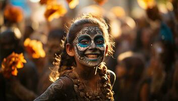 deltagare på en karneval av de dag av de död. ai genererad. foto