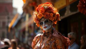 kvinna med traditionell venetian karneval mask. ai genererad. foto
