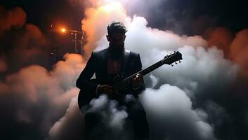 musiker spelar de elektrisk gitarr i de rök på en mörk bakgrund. ai genererad. foto