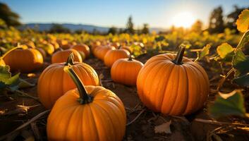 pumpa lappa på solig höst dag. färgrik pumpor på fält. ai genererad. foto