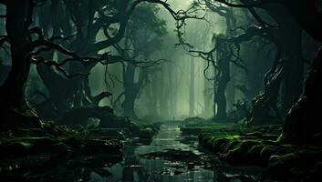 fantasi mörk skog med dimma och vatten ström. ai genererad. foto