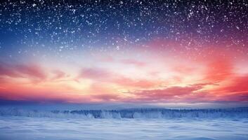 dramatisk himmel med lysande stjärnor och faller snöflingor. ai genererad. foto