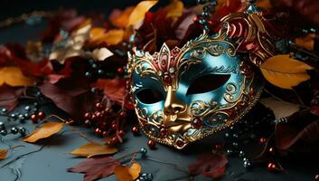 karneval mask med höst löv och bär. ai genererad. foto