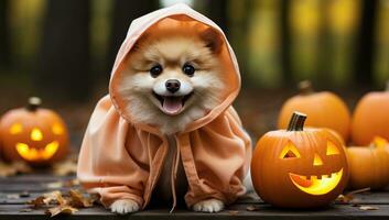pomeranian hund i halloween kostym med pumpor. ai genererad. foto