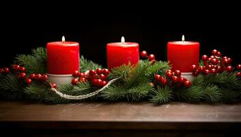 jul dekoration med ljus och gran grenar på trä- styrelse. ai genererad. foto