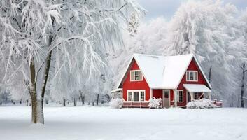 vinter- landskap med röd trä- hus och träd täckt med rimfrost. ai genererad. foto