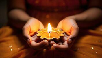 stänga upp av hand innehav diwali diya eller olja lampa över suddig bakgrund. ai genererad. foto