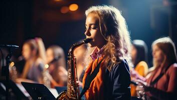 kvinna jazz musiker spelar på saxofon under konsert i natt klubb. ai genererad. foto