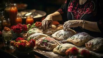 äldre kvinna framställning en traditionell bröd i henne Hem kök. ai genererad. foto