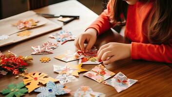 liten flicka framställning origami för jul och ny år. ai genererad. foto