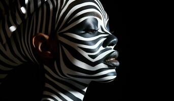 fantasi ansikte målning, zebra se, i vit och svart. ai genererad foto