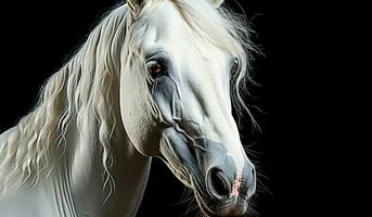 majestätisk närbild av en vit häst. ai genererad foto