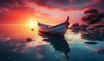 trä- båt på majestätisk solnedgång på de strand. ai genererad foto