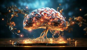 digital lysande mänsklig hjärna med elektrisk nerv impulser. ai genererad foto