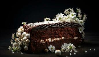 skiva av choklad kaka med liten vit blommor gypsofili runt om. ai genererad foto