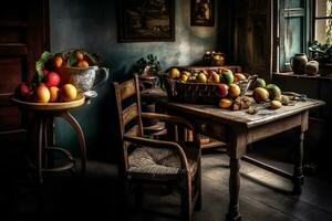 illustration fortfarande liv med frukt på trä- tabell, rustik kök, i dramatisk toner. ai generator foto