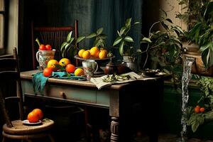 illustration fortfarande liv med frukt på trä- tabell, rustik kök, i dramatisk toner. ai generator foto