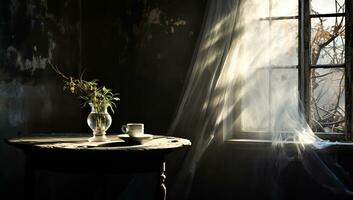 dimmig minimalistisk fortfarande liv i en rum. ai genererad foto
